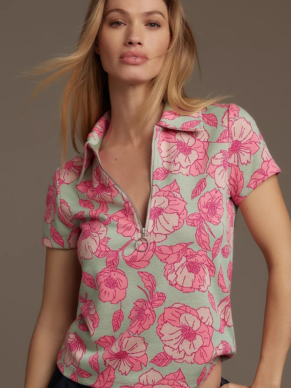 Anthropologie Maeve Short-Sleeve Floral Jacquard Top Pink XXS